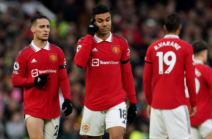 Casemiro pictured (center) walking off the field after being shown a red card in Manchester United's EPL game against Crystal Palace in February 2023